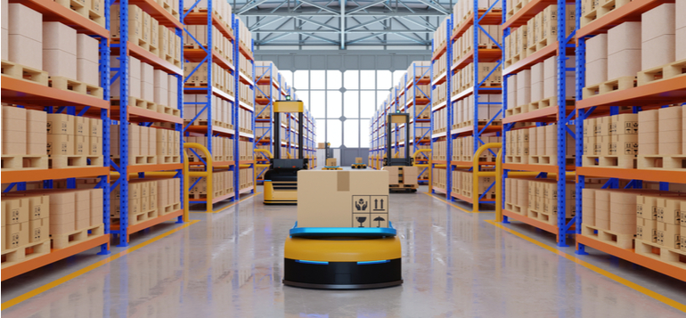 warehouse with automated robots moving cargo